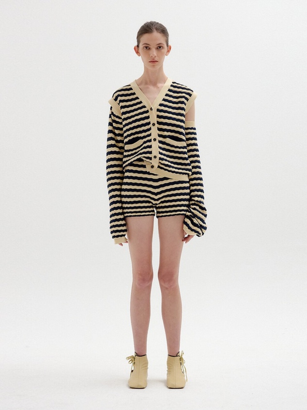 EENK Letter Project Striped Cable Knit Vest Cardigan Detachable Sleeves S